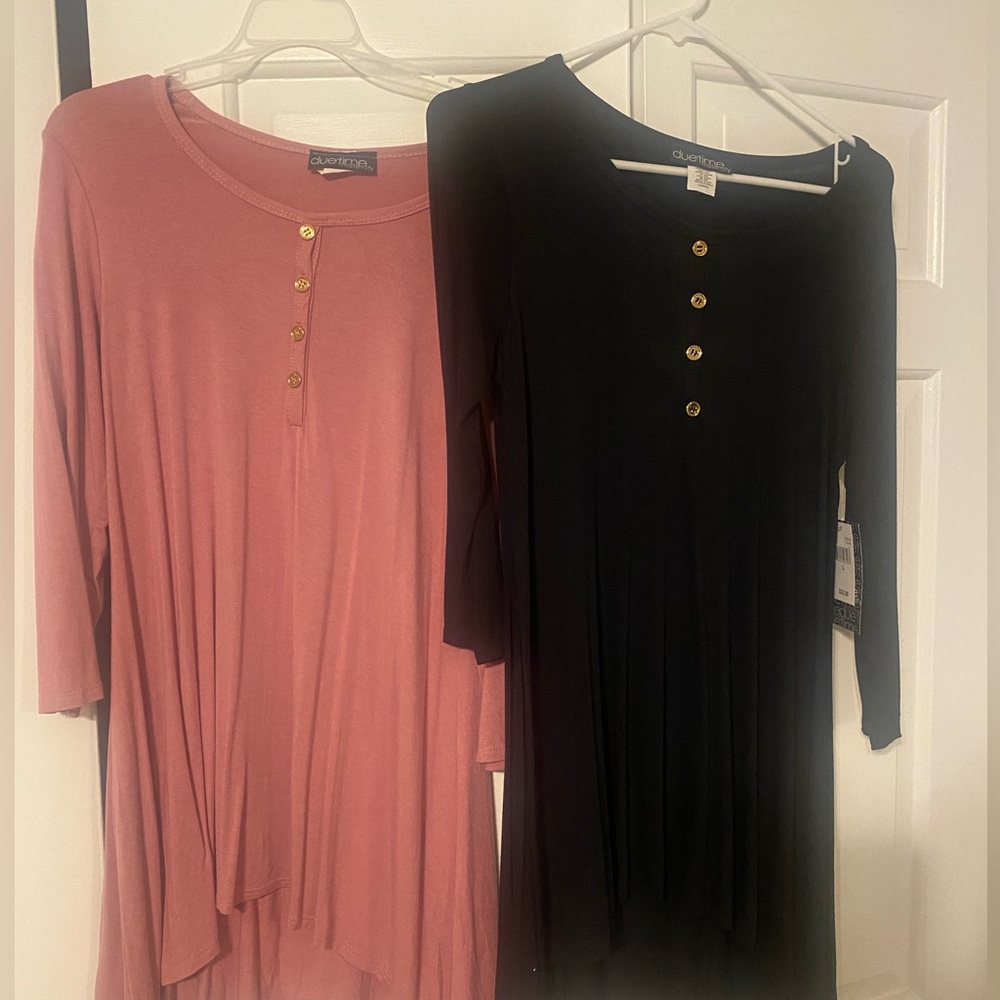 Maternity shirt set. Black and pink. Long, flowy blouse.